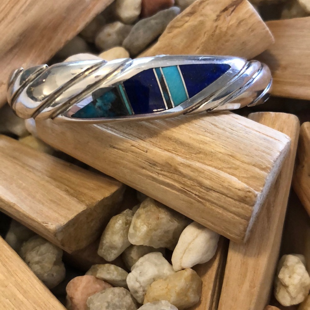 Native American Zuni Turquoise Lapis Sterling Cuff Bracelet